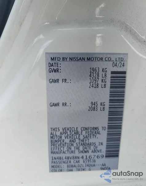 2024 Nissan Altima S z USA, uszkodzony, nr VIN 1N4BL4BV8RN416769